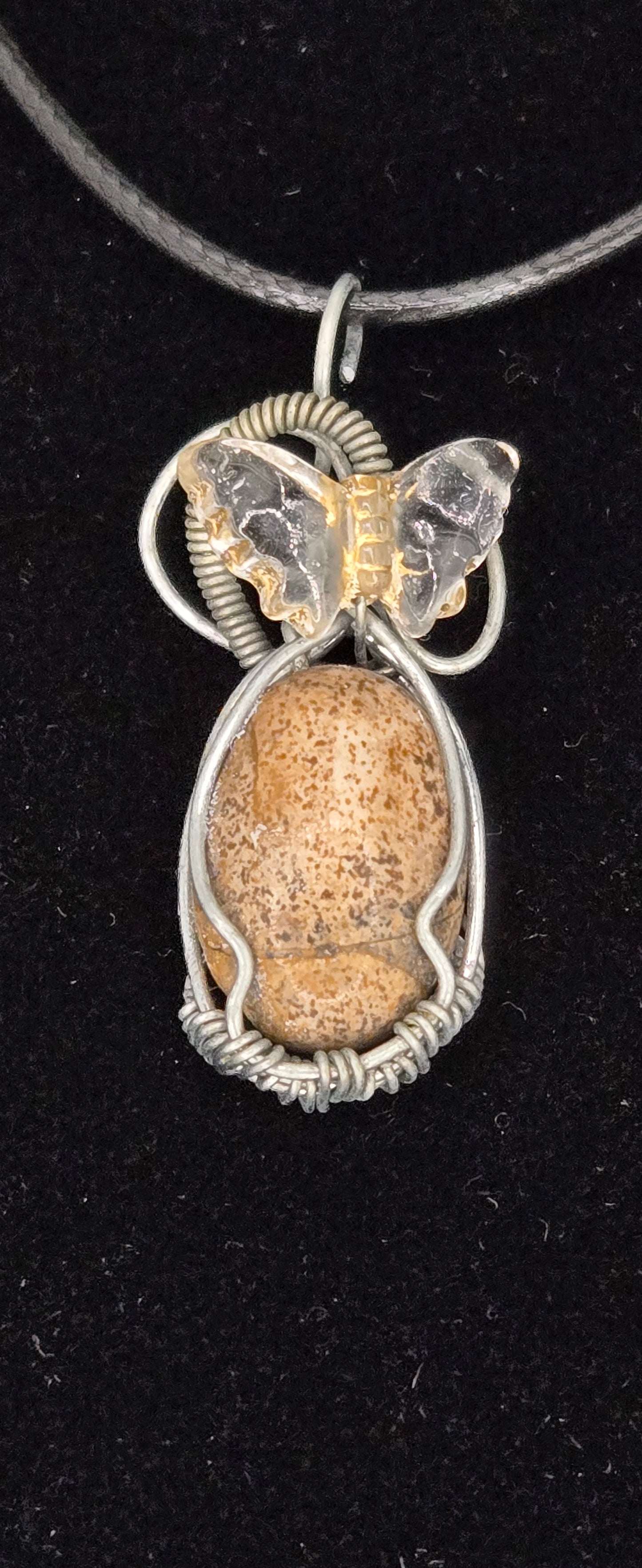 "Metamorph" – Picture Jasper and Butterfly Pendant in Silver Wrap