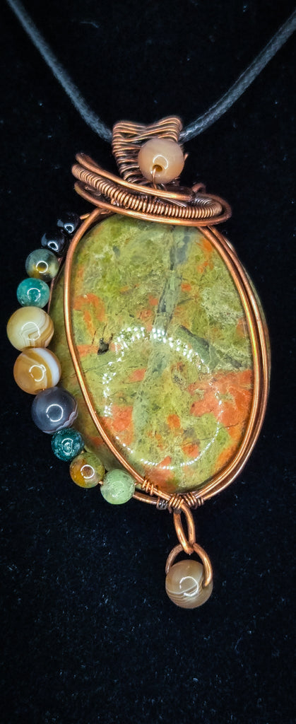 "Earthsong" – Handcrafted Unakite Copper Wire Wrapped Pendant with Multistone Accents