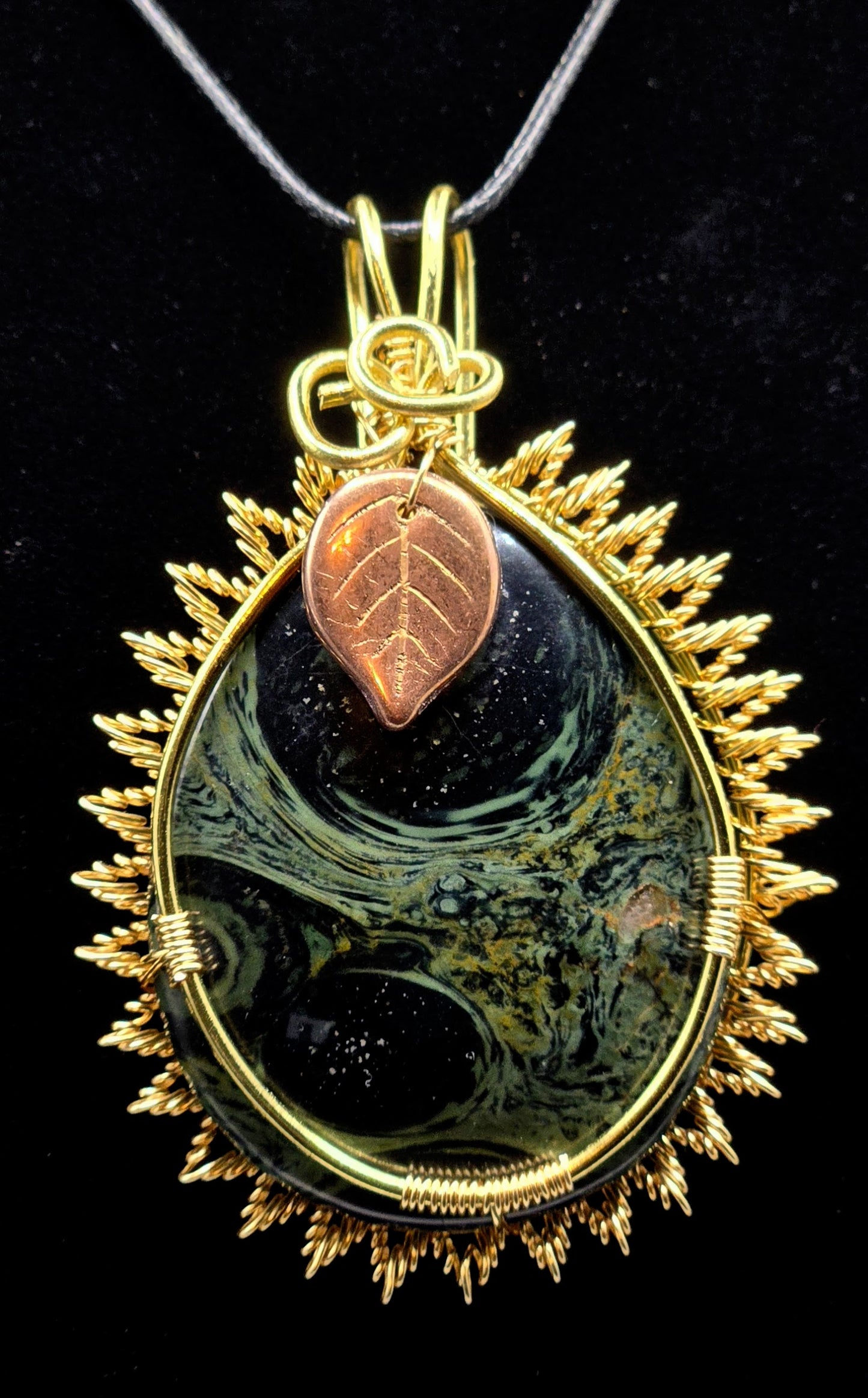 Solar Grove – Kambaba Jasper Pendant with Goldtone Wire Sunburst and Copper Leaf Accent