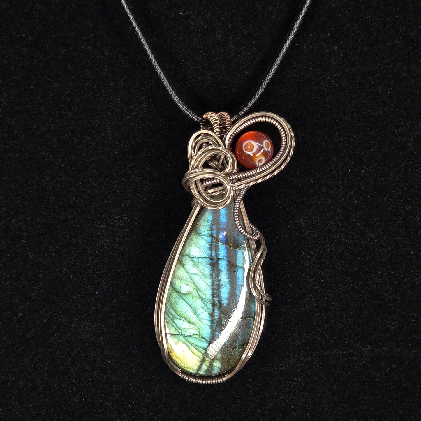 Teardrop Labradorite Pendant in Antiqued 925 Sterling and Carnelian Agate Bead