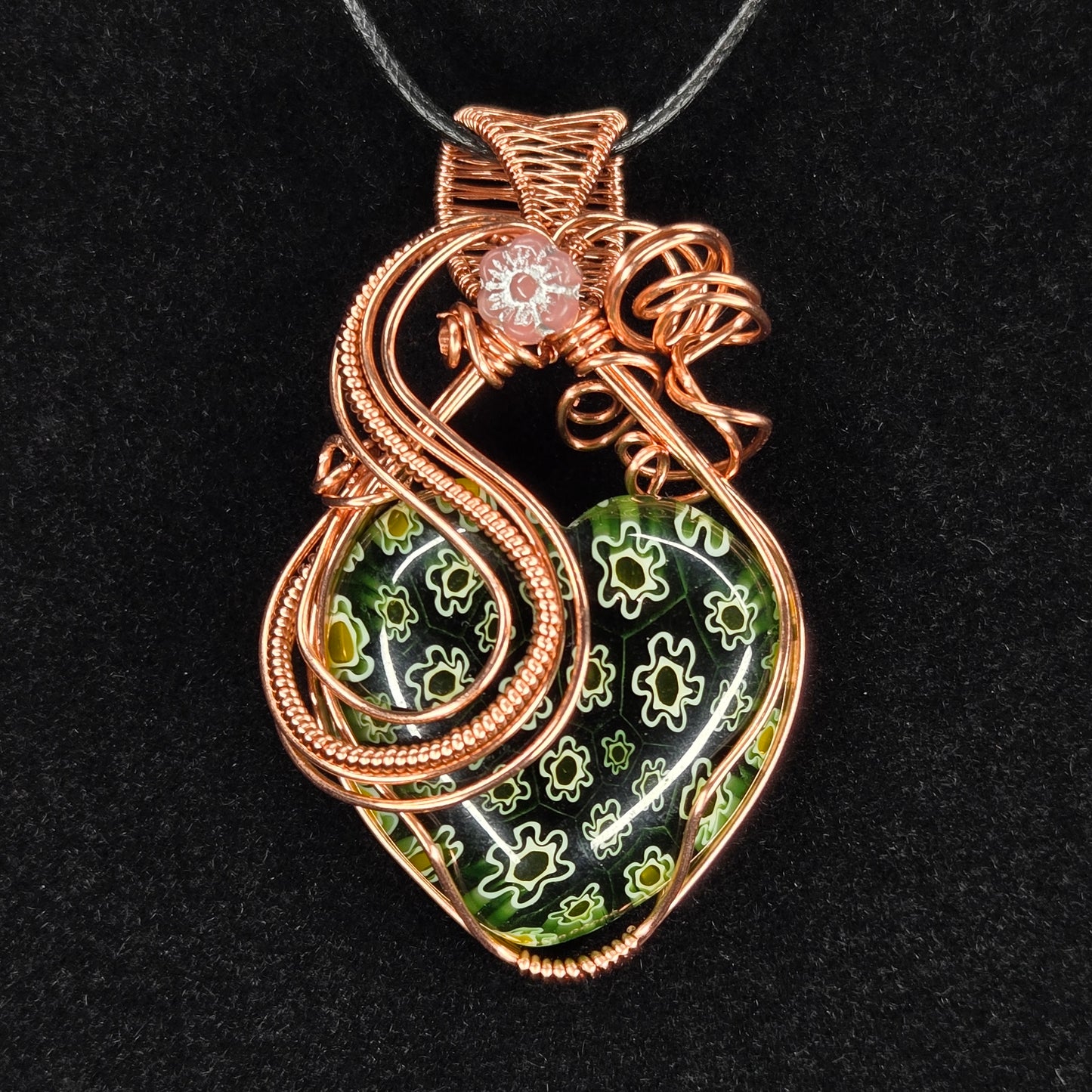 Green Millefiori Glass Heart Pendant with Copper Wire Design