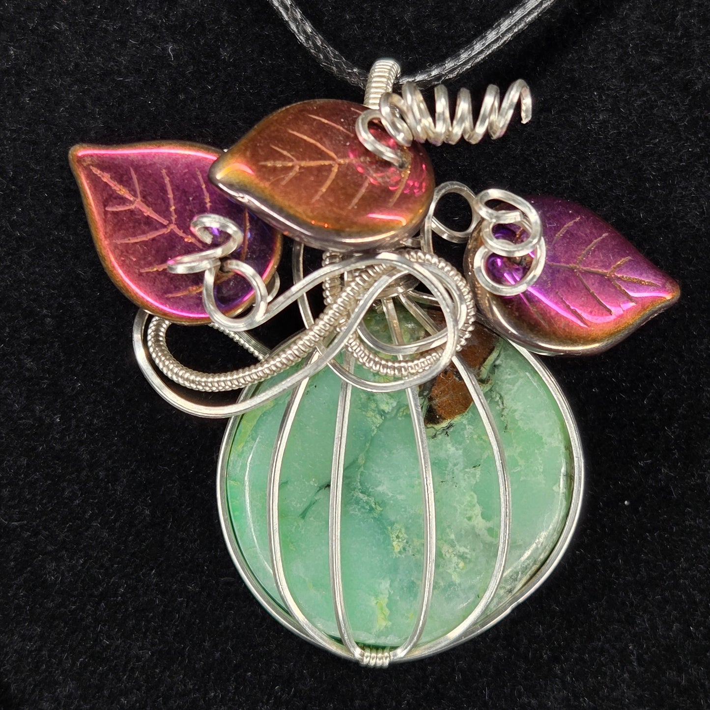 Chrysoprase Pendant with Iridescent Leaves and Silver Wire