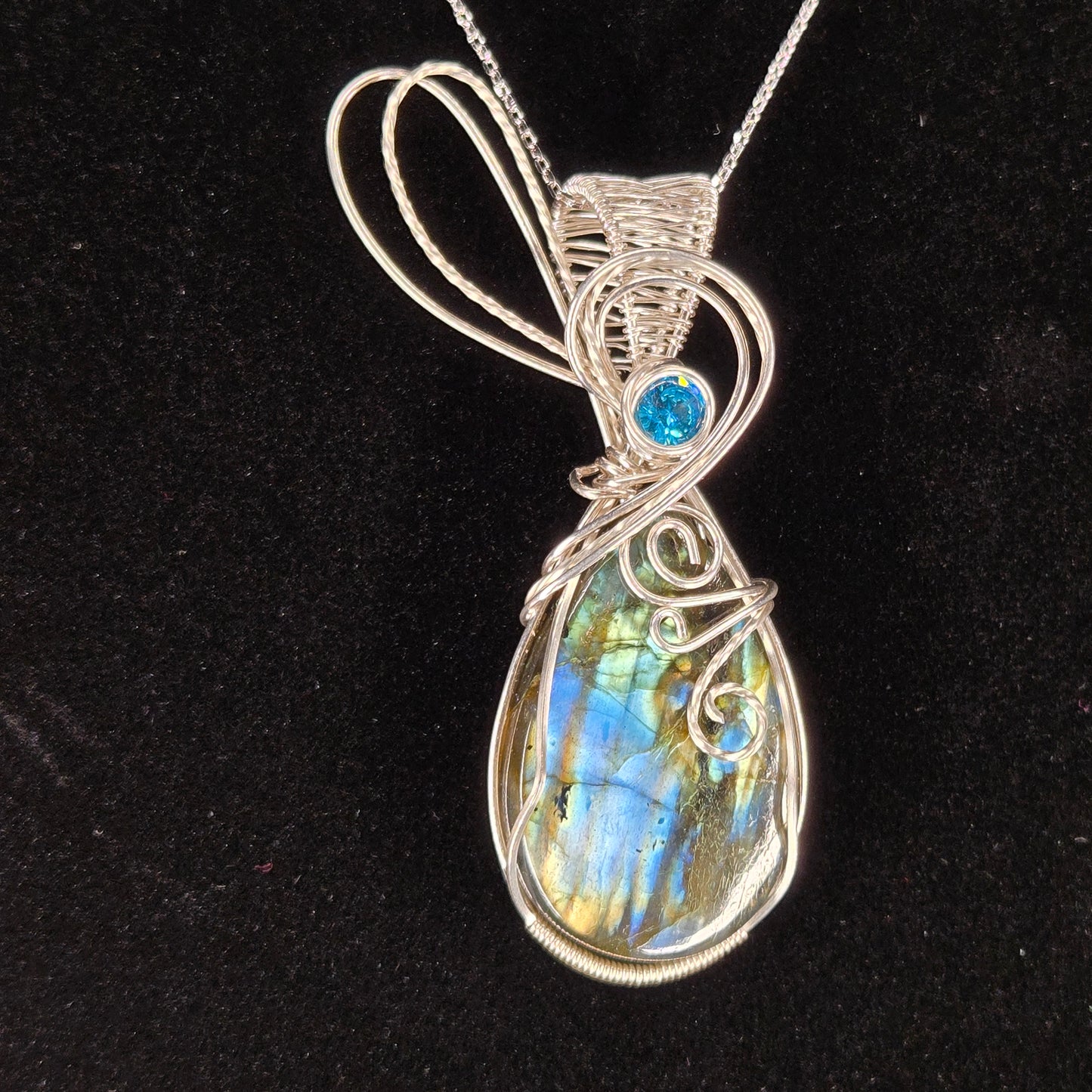 "Amanda" Labradorite Pendant in 925 Sterling and Blue Topaz Accent