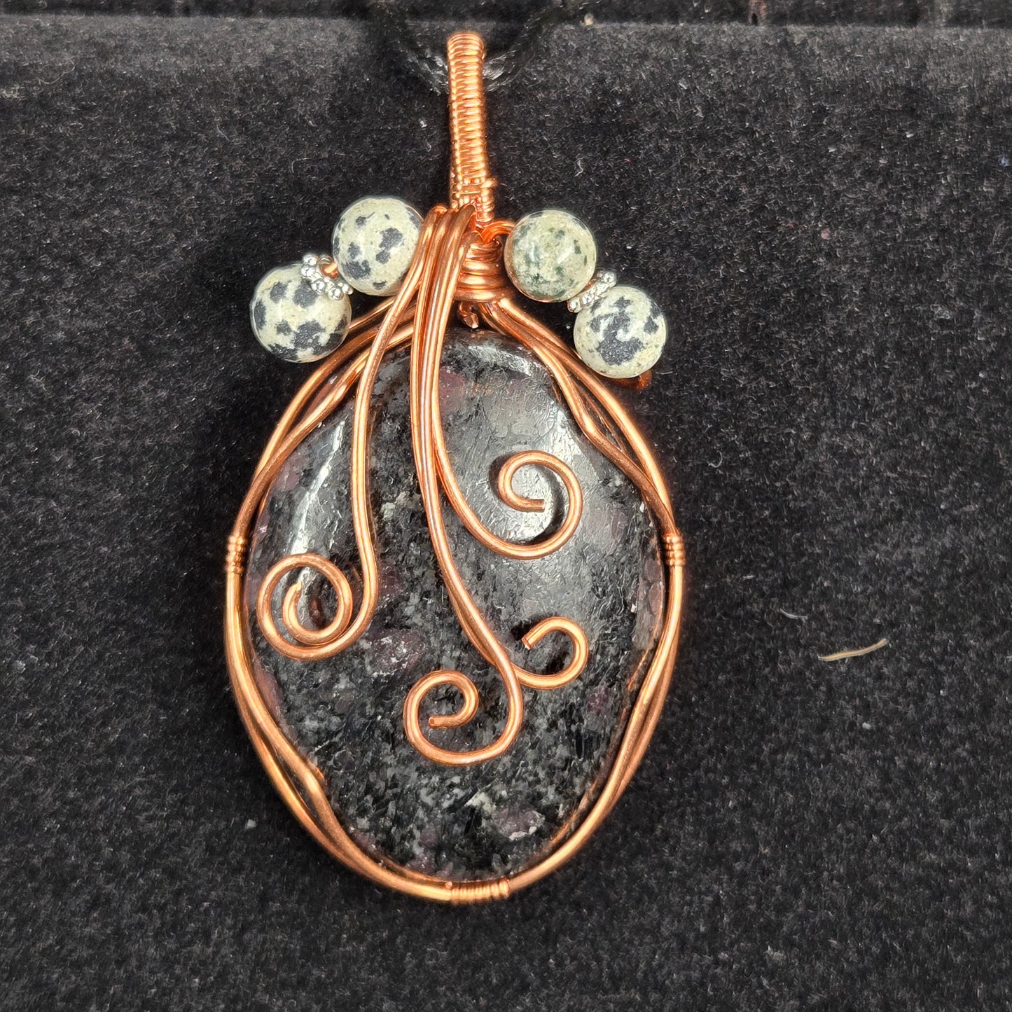 Garnet in Schist Pendant with Copper Spiral Design and Dalmatian Jasper Beads