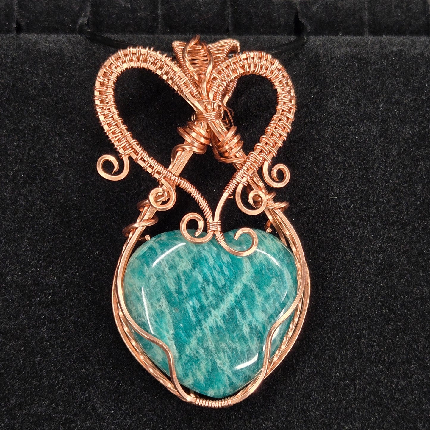 Amazonite Heart Pendant with Ornate Copper Wire Design
