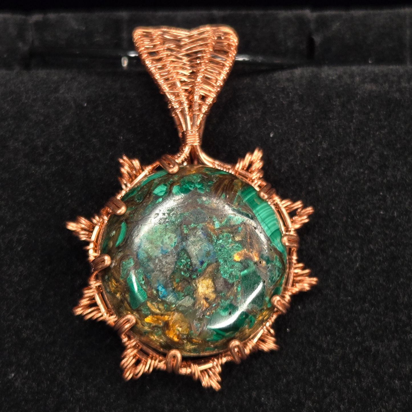 Chrysocolla Pendant with Copper Wire Sunburst Design