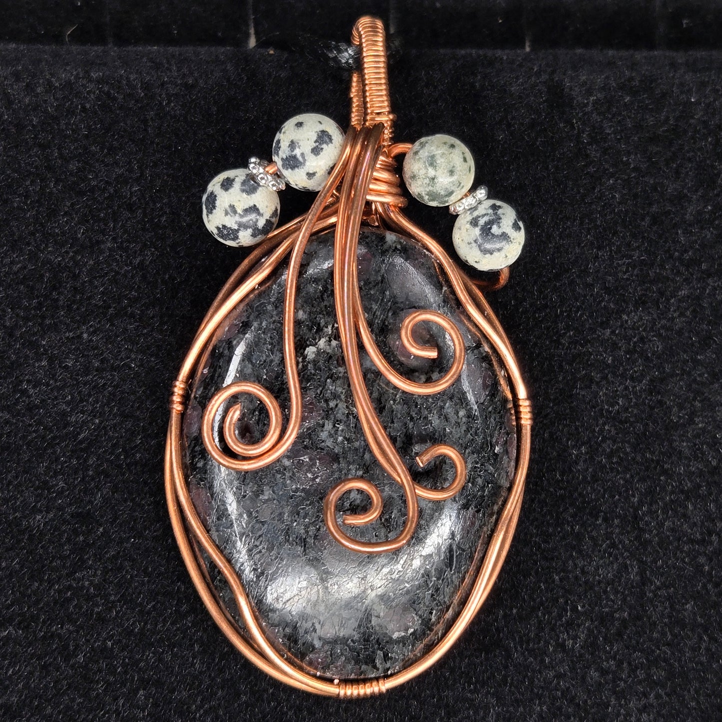 Garnet in Schist Pendant with Copper Wire and Dalmatian Jasper Beads