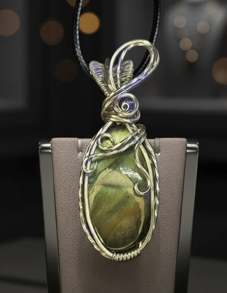 Nocturne - Sterling Silver wrapped Labradorite Pendant .