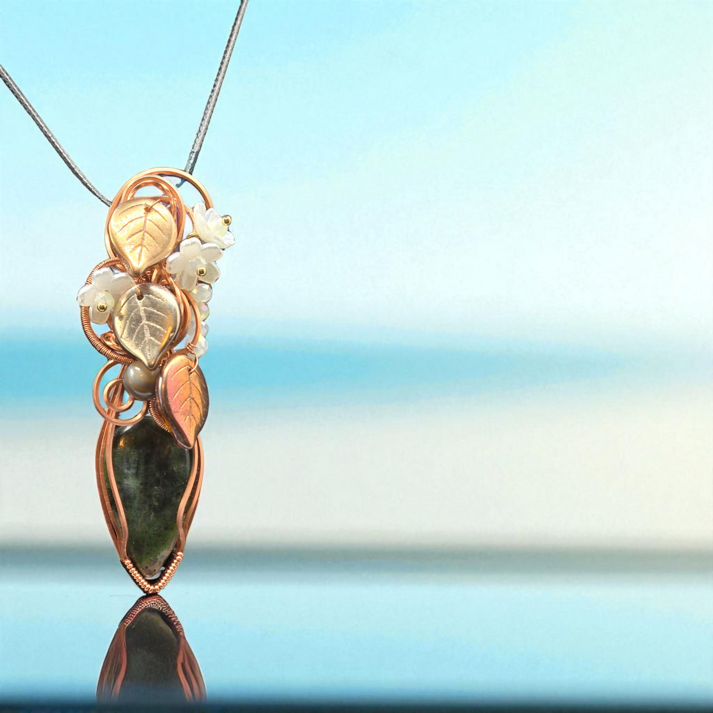 "Forest Whim" – Copper-Wrapped Serpentine Pendant with Leaf Charms & Moonstone