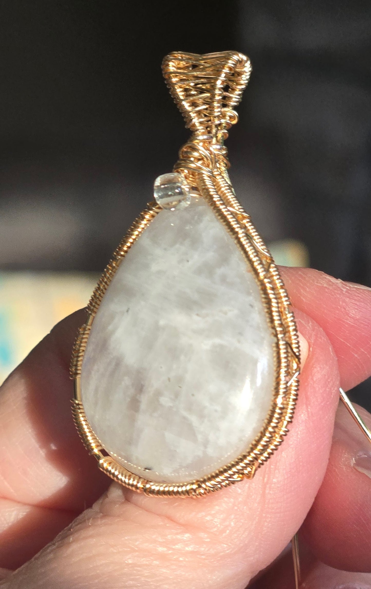 "Selene" – Moonstone Teardrop Pendant in Gold Wire Wrap with Clear Quartz Accent