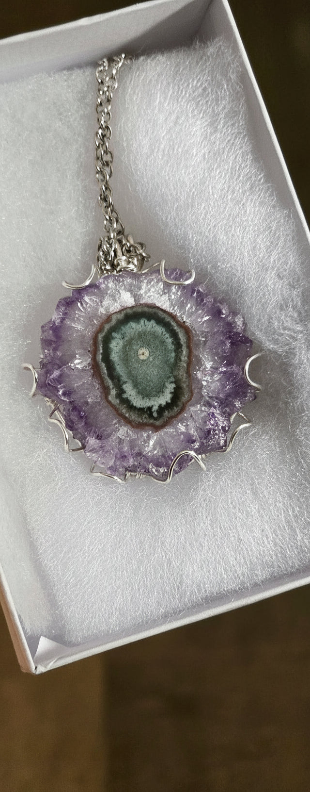 "Celestia" – Amethyst Stalactite Slice Pendant in Silver Claw Setting