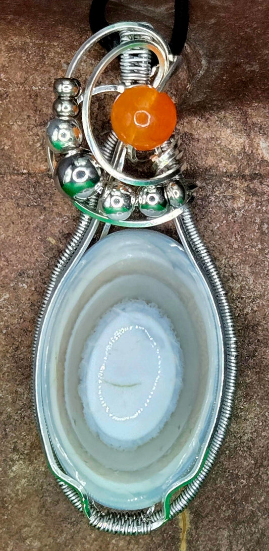 "Solace" – Handmade Owyhee Blue Opal & Carnelian Wire Wrapped Necklace | Artisan Gemstone Jewelry