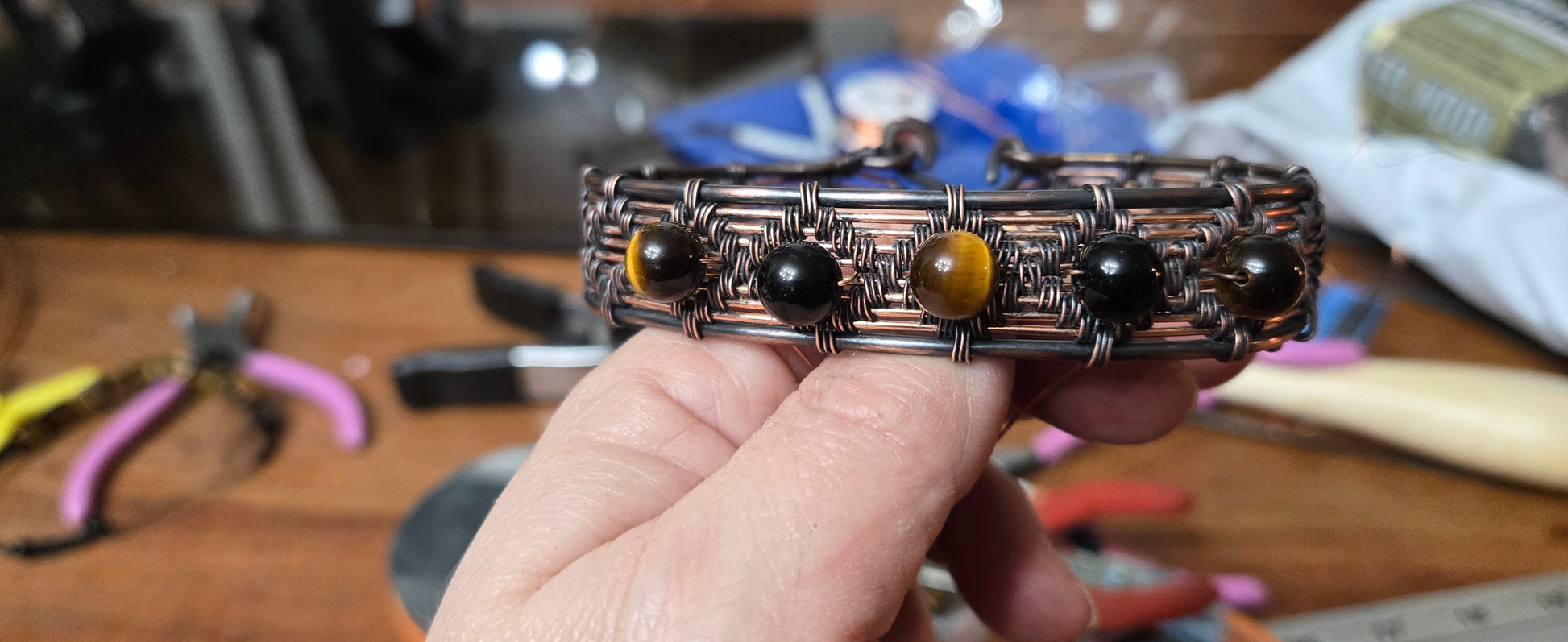 "Guardian" – Copper Wire-Wrapped Bracelet with Tiger's Eye & Black Onyx