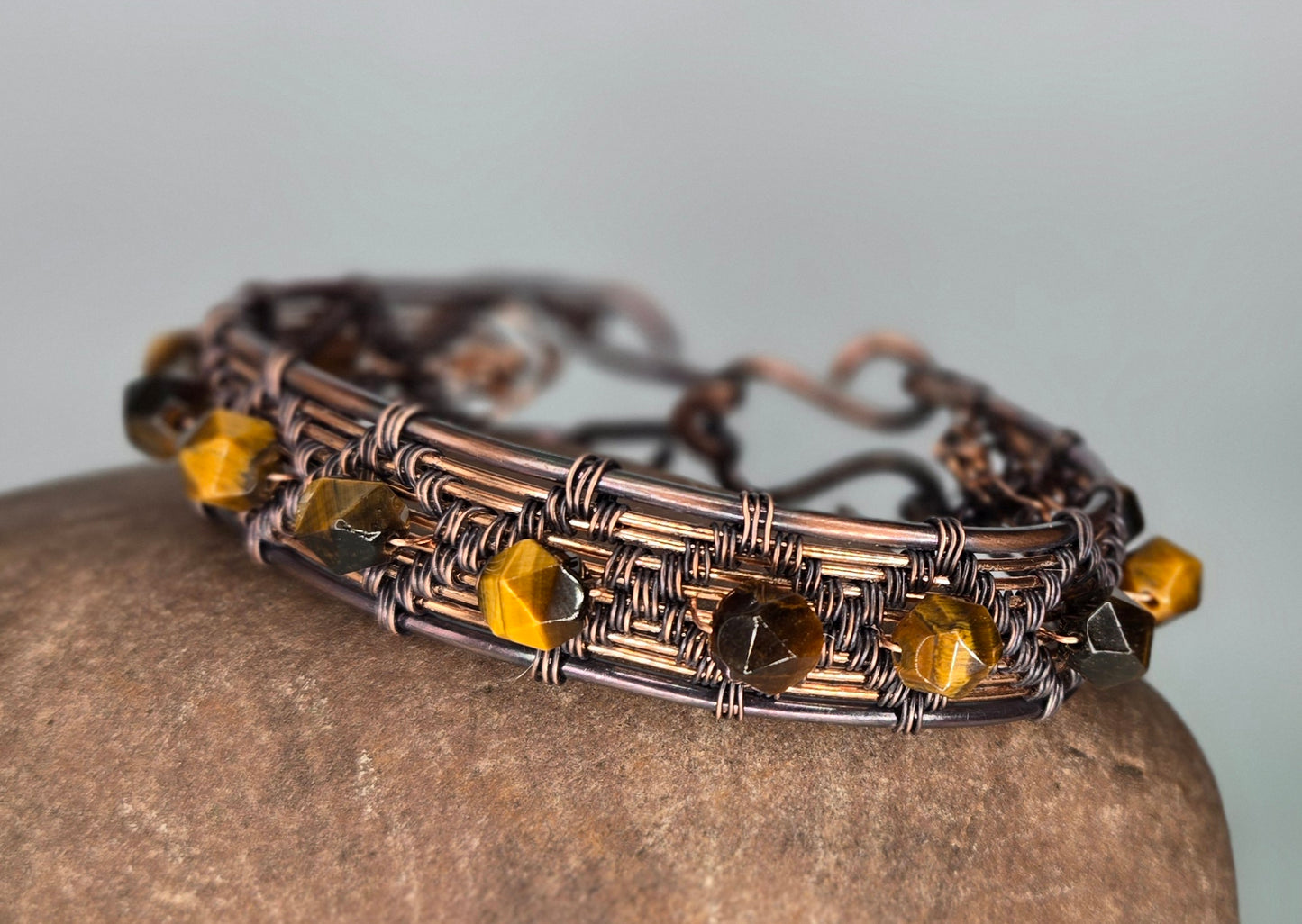 "Resolve" – Handwoven Copper Wire Bracelet with Tiger’s Eye Beads