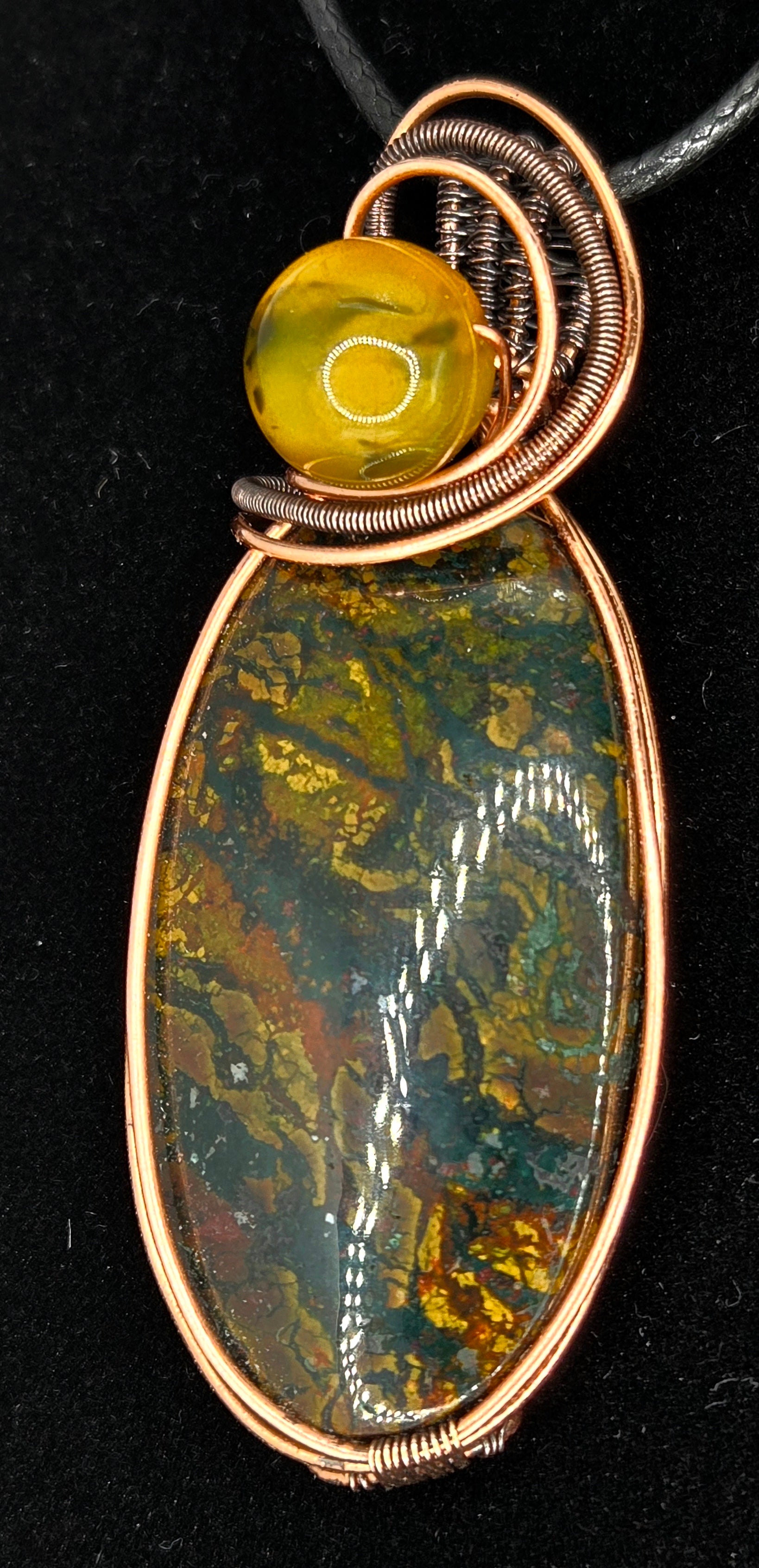 "Verdant Flame" – Dragon’s Blood Jasper Pendant in Copper Wire Wrap