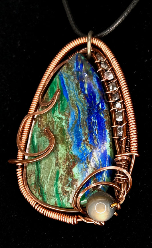 "Elarion" – Azurite-Malachite Pendant with Moonstone & Crystal Accents in Copper