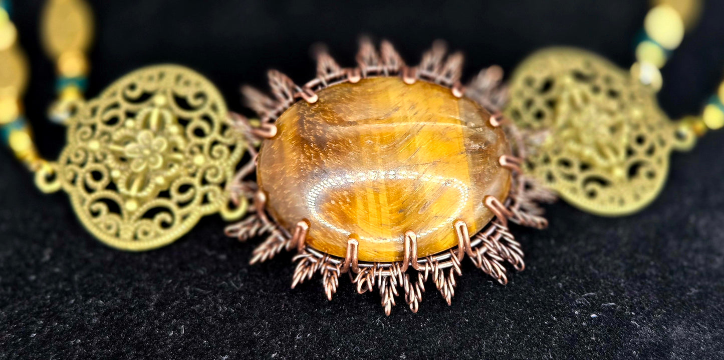 "Suntrail" – Wire Wrapped Tiger’s Eye Hat Band with Brass Medallions