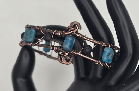 "Equinox" – Blue Apatite & Lava Stone Copper Wire Wrapped Bracelet