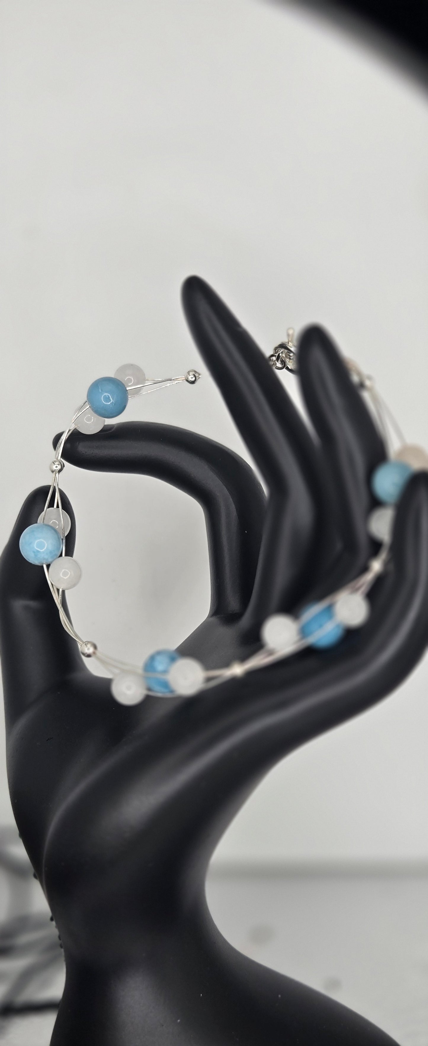 "Skyveil" – Aquamarine and White Jade Floating Bead Bracelet