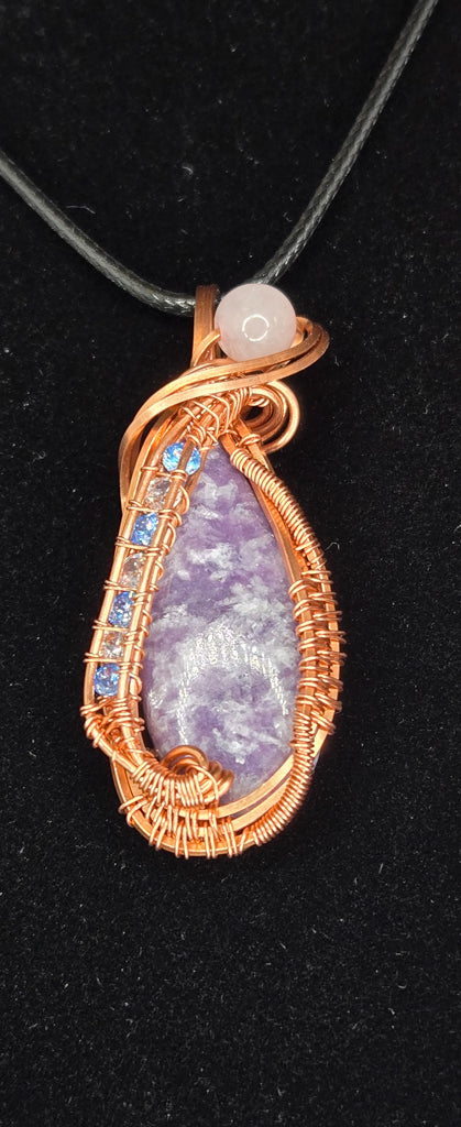 "Twilight Whisper" – Handcrafted Lepidolite and Copper Wire Pendant with Blue CZ Accents and Rose Quartz Bead