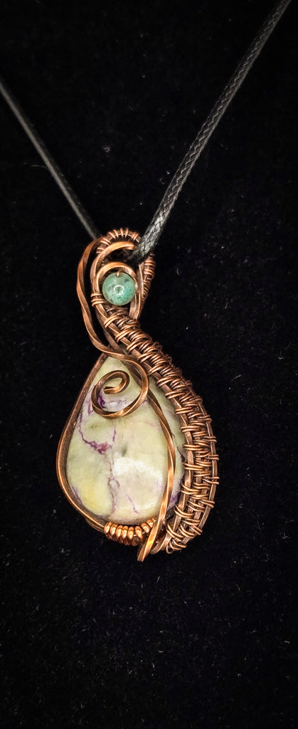 "Whispering Sage" – Handcrafted Howlite and Copper Wire Wrapped Pendant with Turquoise Accent Bead