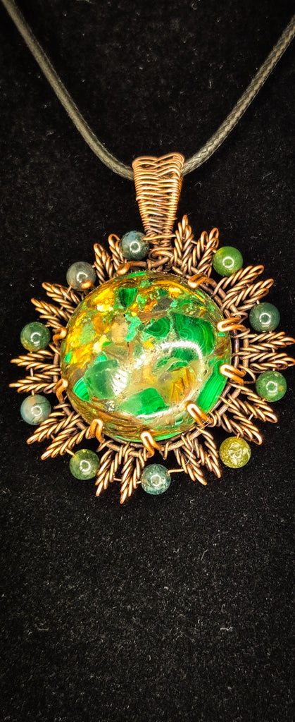 "Verdant Radiance" – Handcrafted Green Jasper and Copper Sunburst Pendant Necklace