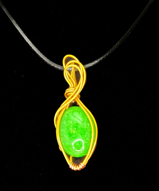 Verdant Embrace – Jade Colored Wire-Wrapped Glass Pendant
