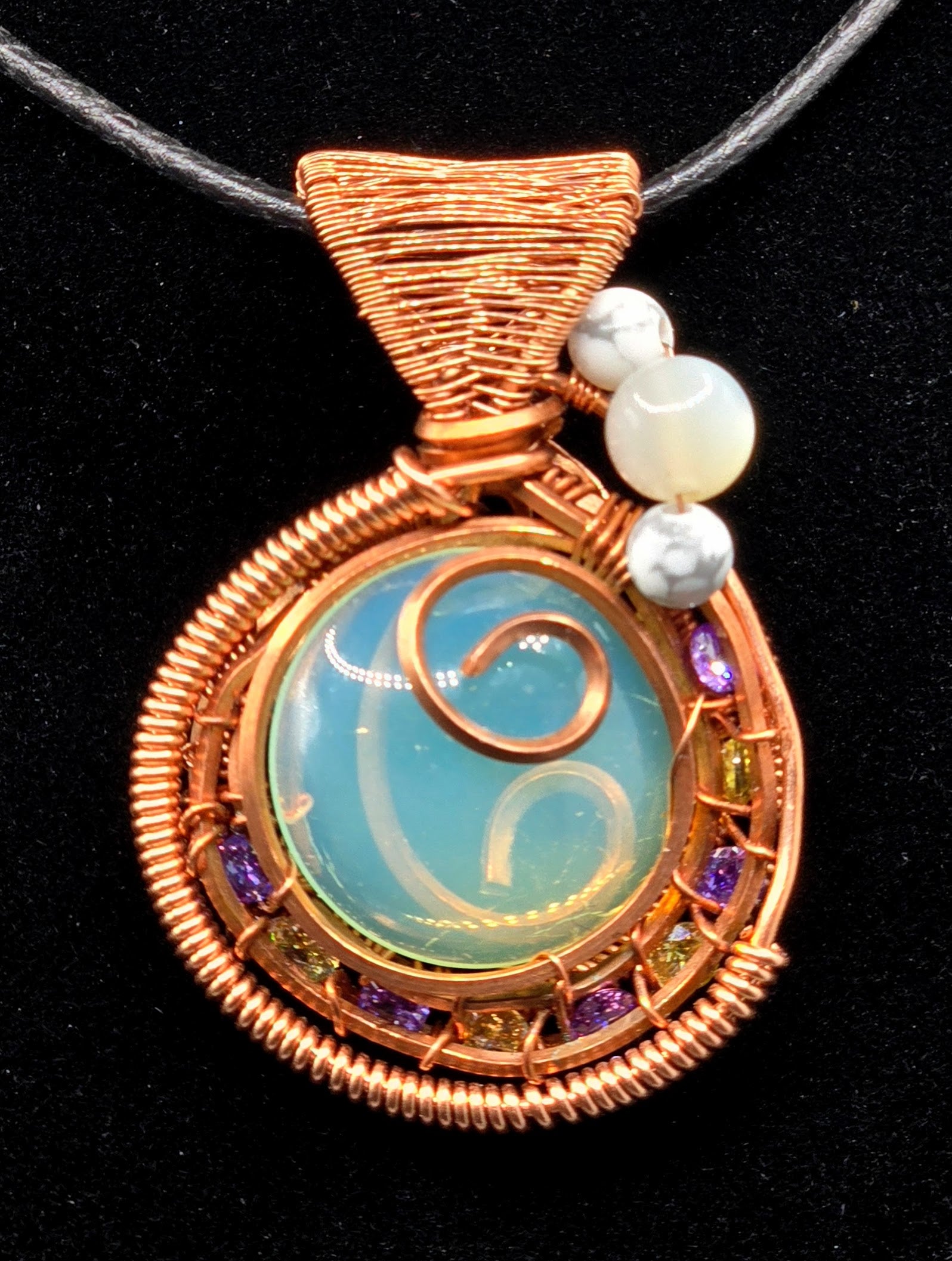 "Lumen Song" – Uranium Glass Pendant with Copper Wire Wrap and Lavender & Lemon Cubic Zirconia Accents