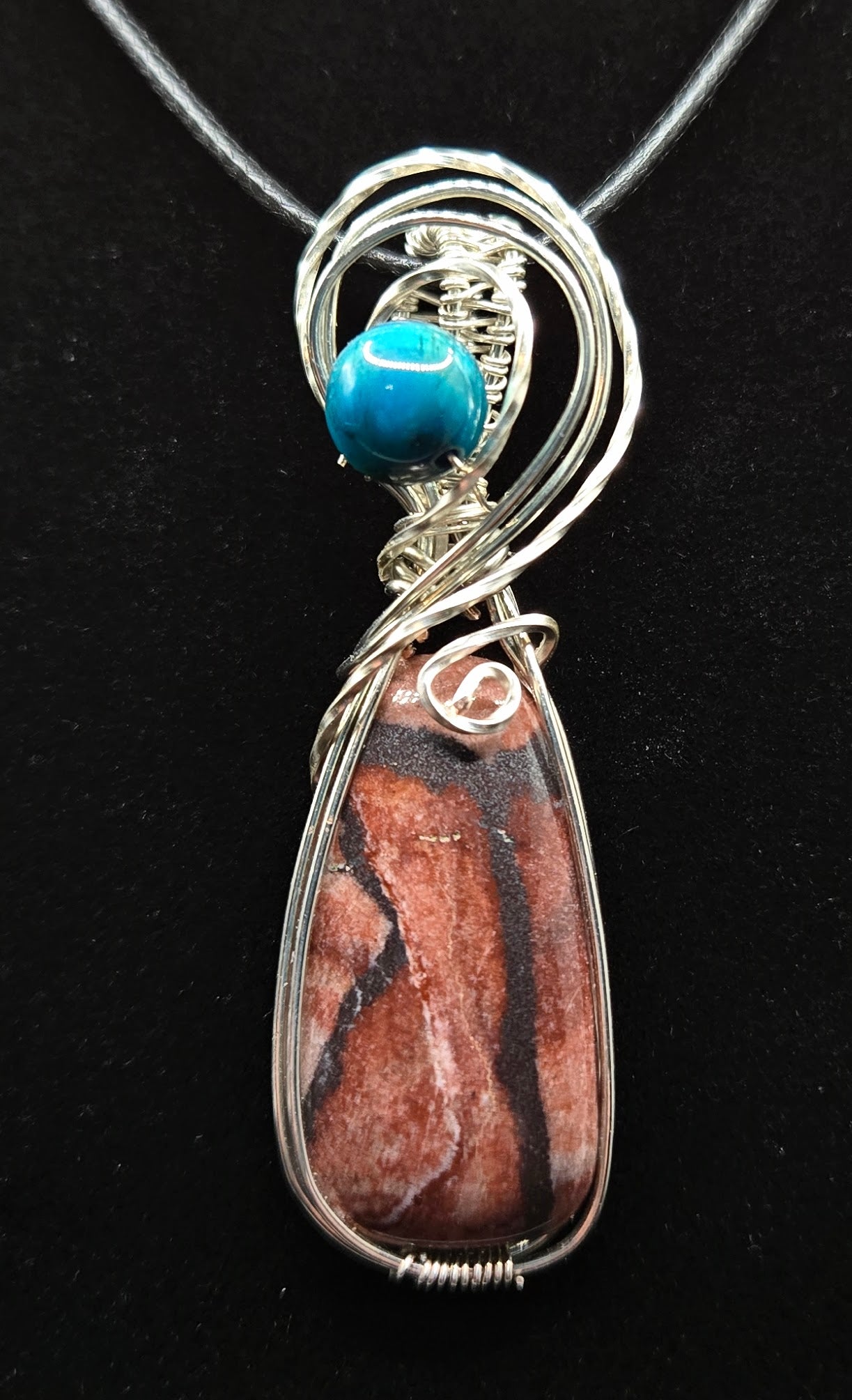 "Vital Current" – Sterling Silver Wire-Wrapped Jasper & Turquoise Pendant
