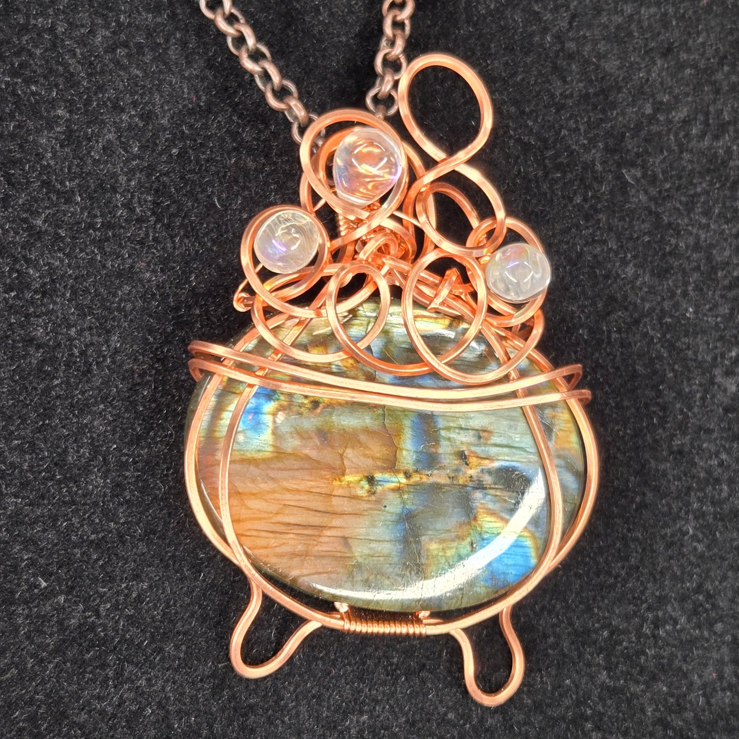 Labradorite Cauldron Pendant with Copper and Opalite Teardrop Beads