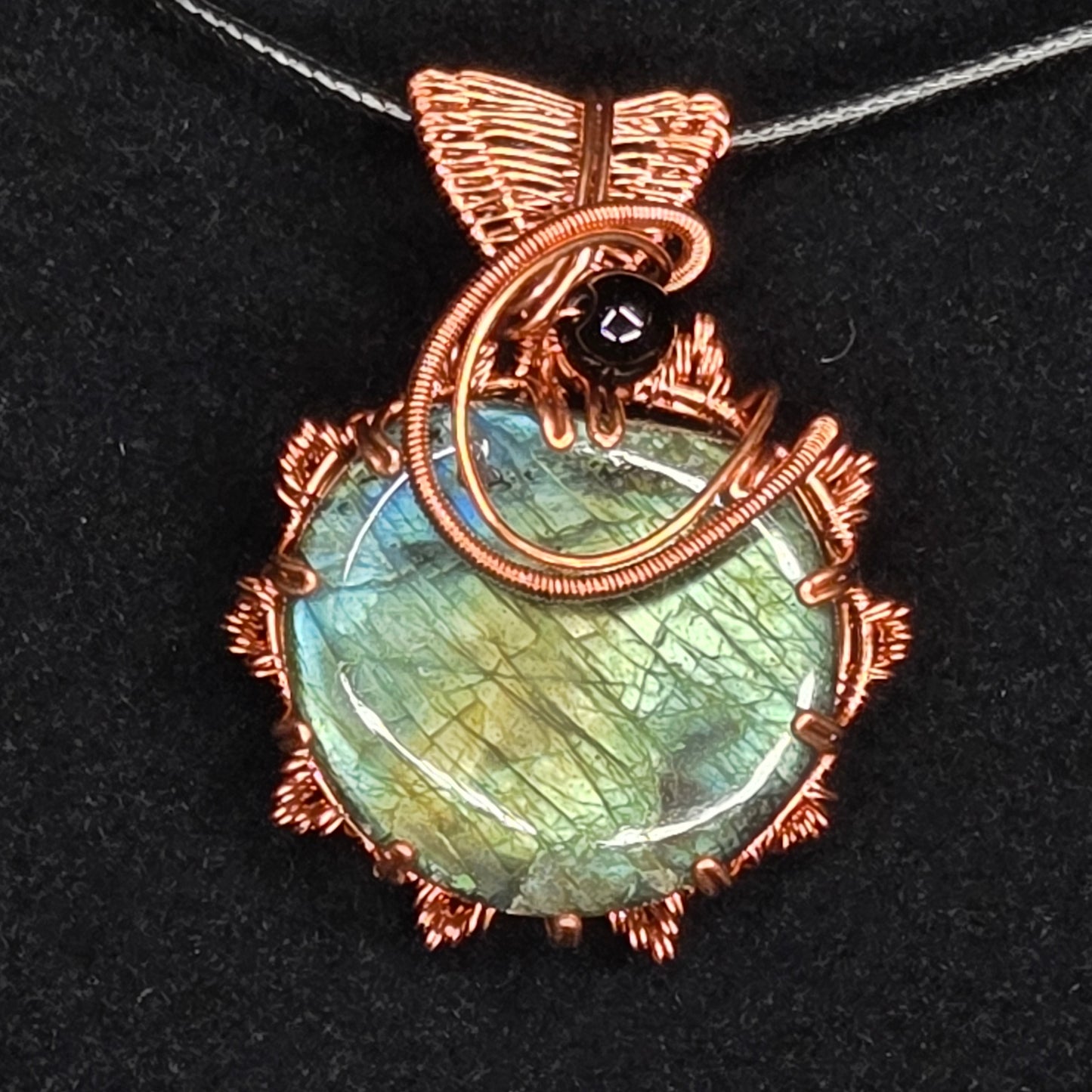 "Alice" Labradorite Pendant with Copper Wire and Black Bead Accent
