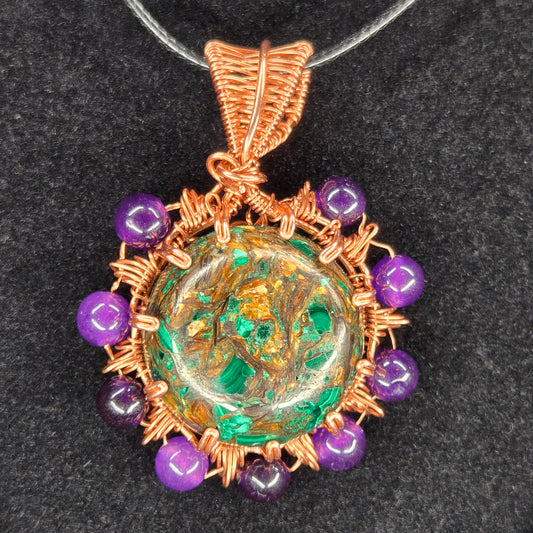 Chrysocolla and Amethyst Pendant with Copper Wire Circle Design