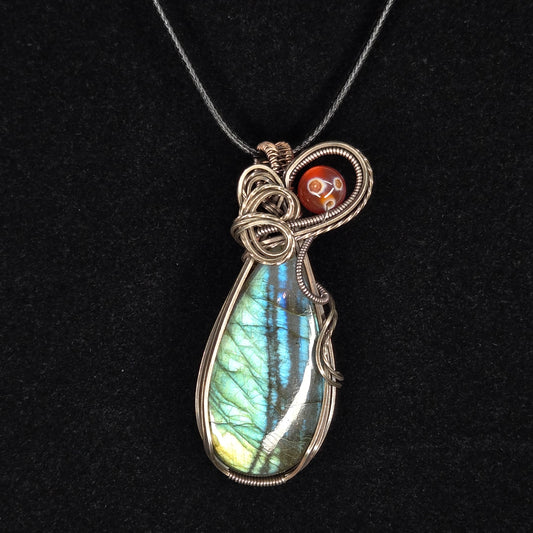 Teardrop Labradorite Pendant in Antiqued 925 Sterling and Carnelian Agate Bead