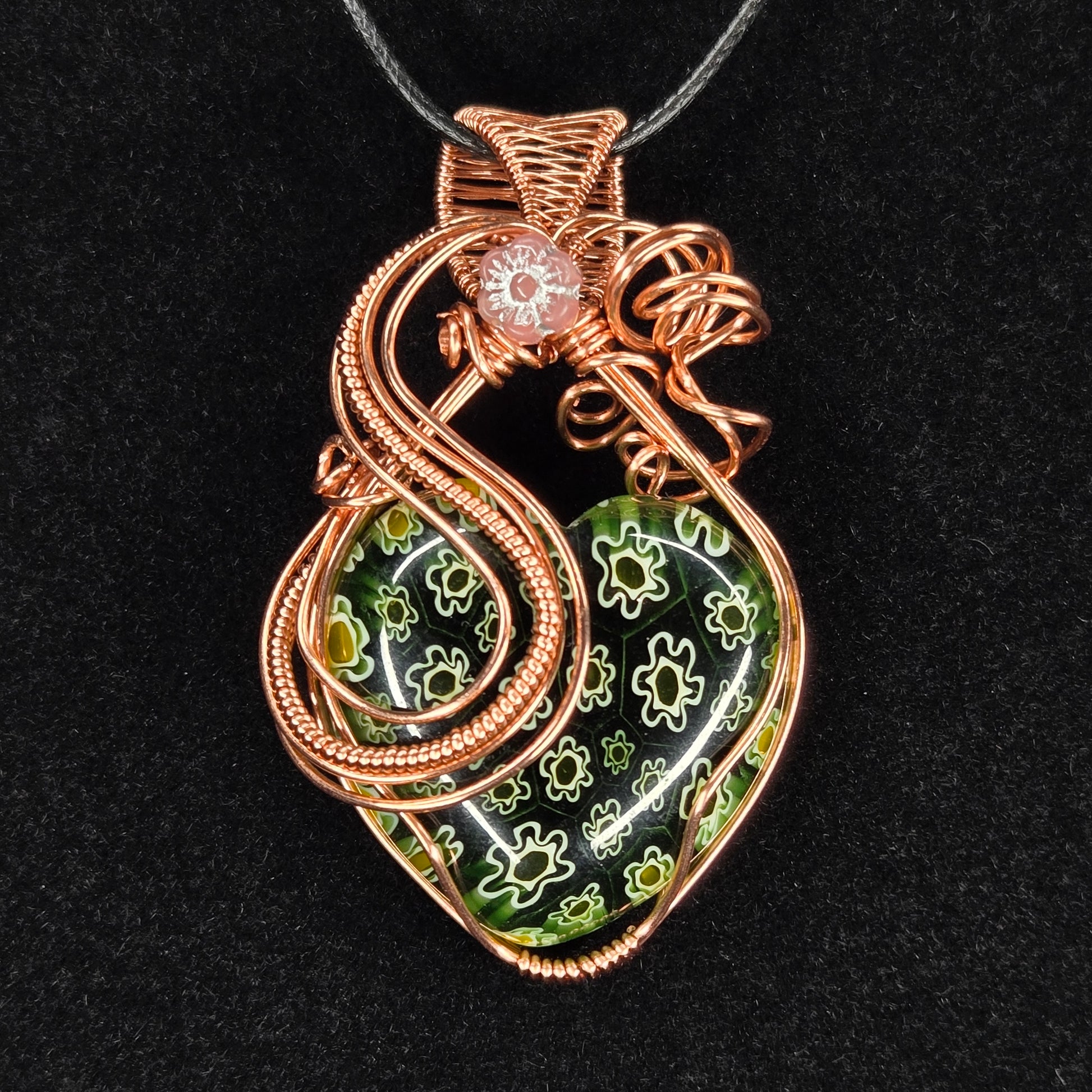 Green Millefiori Glass Heart Pendant with Copper Wire Design
