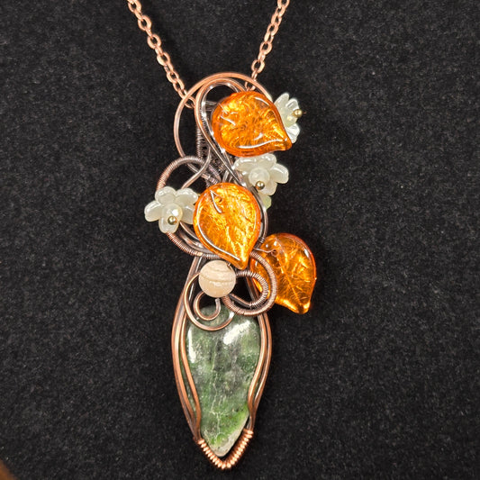 Autumn Leaf Pendant with Green Stone and Copper Wire Wrap