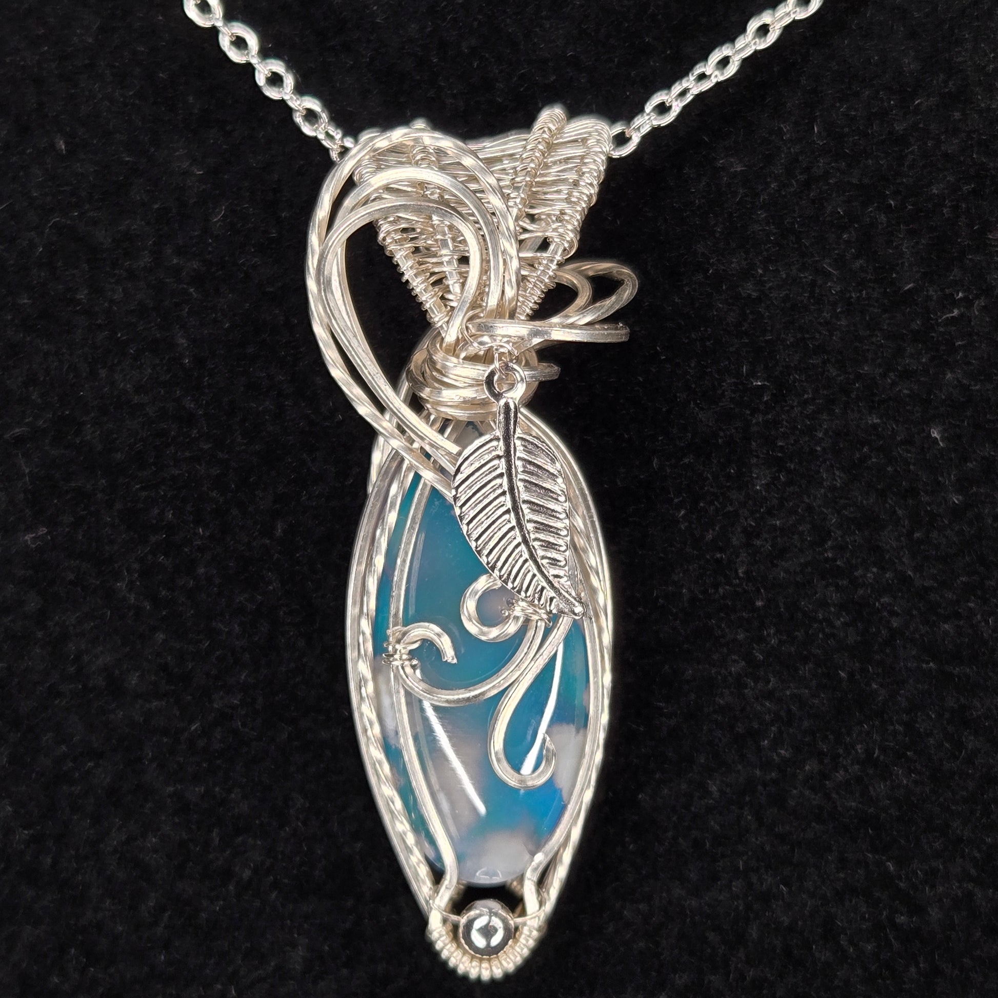 Blue Cloud Opal Pendant with Silver Wire and Leaf Accent