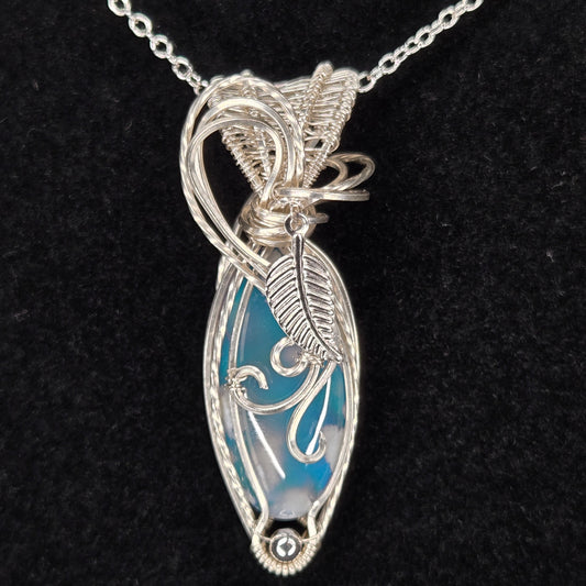 Blue Cloud Opal Pendant with Silver Wire and Leaf Accent