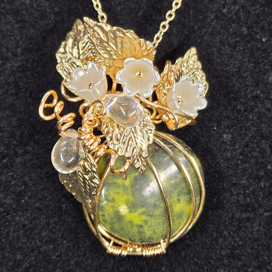 Serpentine Stone Pendant with Gold Leaves and Crystal Flowers