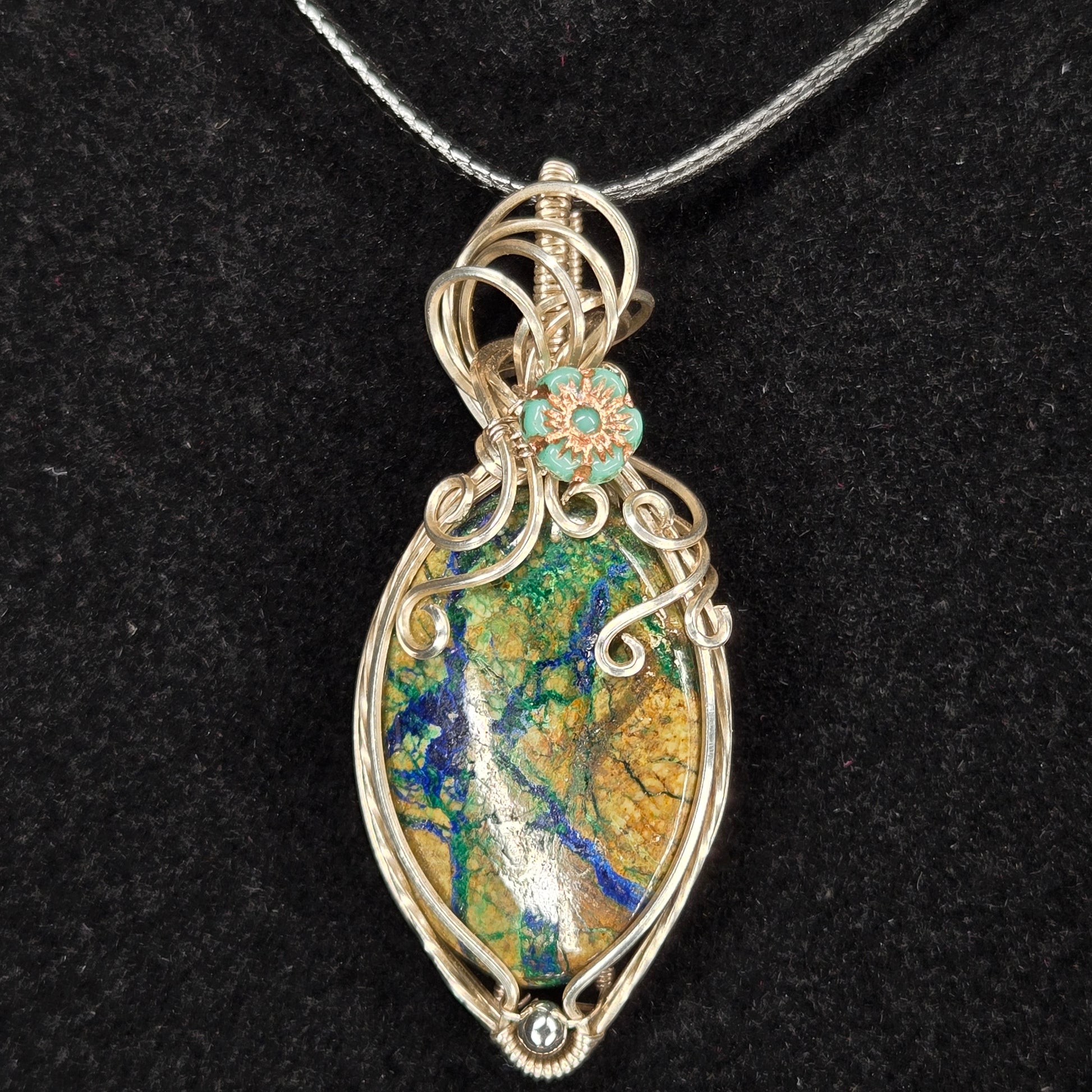 Azurite Malachite Pendant with Silver Wire and Floral Detail