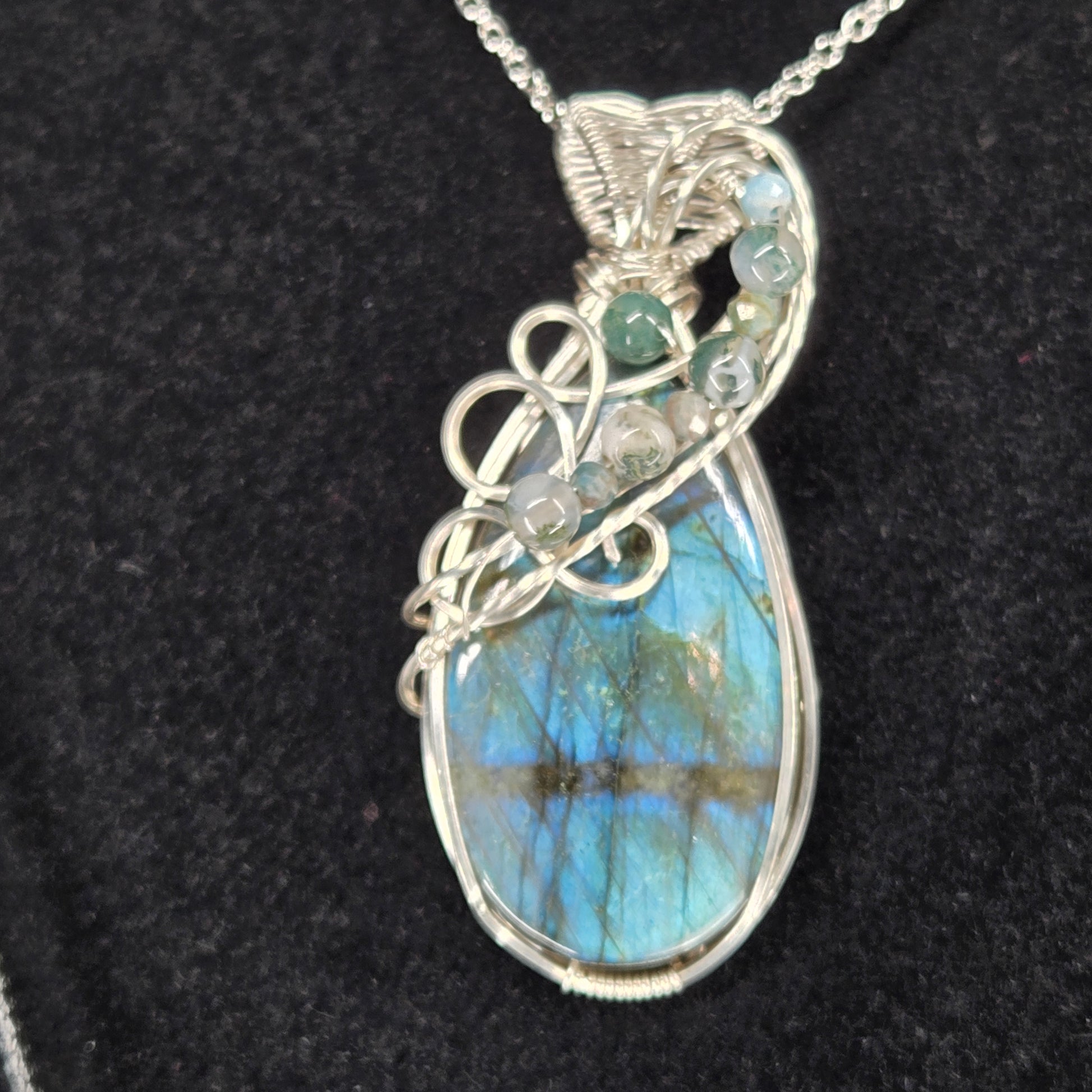 "Cheryl" Labradorite Pendant with Silver Wire and Beaded Accent