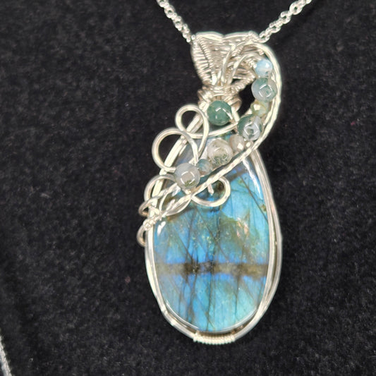 "Cheryl" Labradorite Pendant with Silver Wire and Beaded Accent