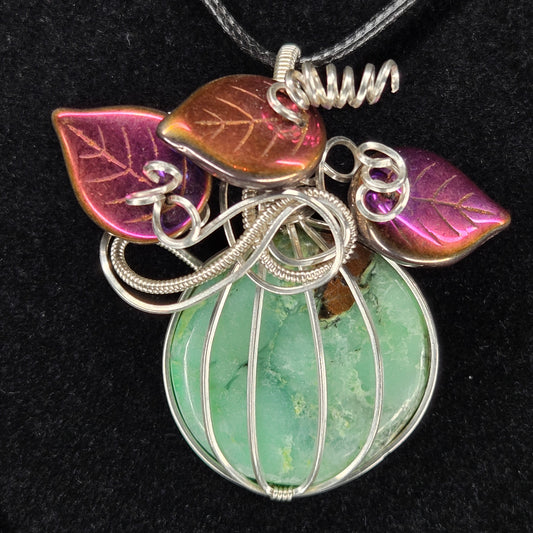 Chrysoprase Pendant with Iridescent Leaves and Silver Wire