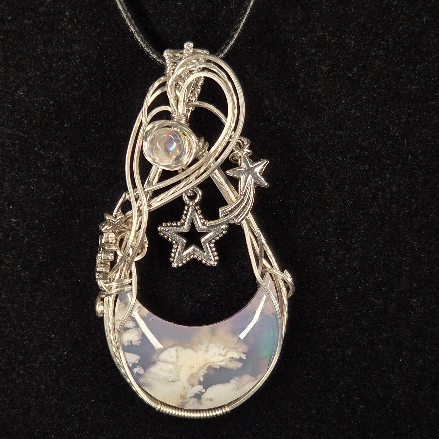 Dendritic Opal Crescent Pendant with Silver Stars and Moon Design