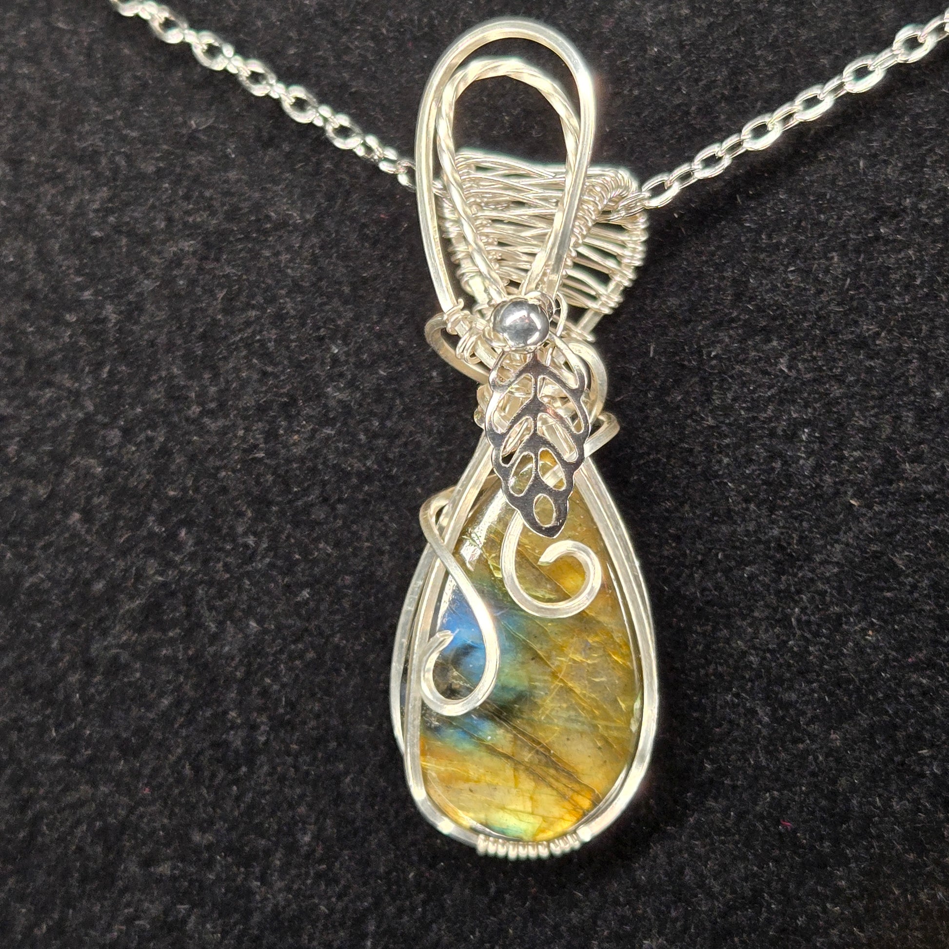 Golden Labradorite Pendant with Silver Leaf Accent