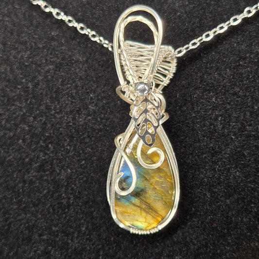 Golden Labradorite Pendant with Silver Leaf Accent