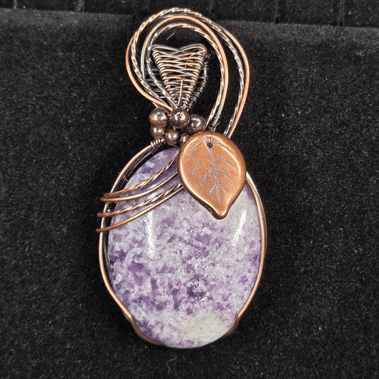 Purple Lepidolite Pendant with Copper Leaf and Wire Wrap