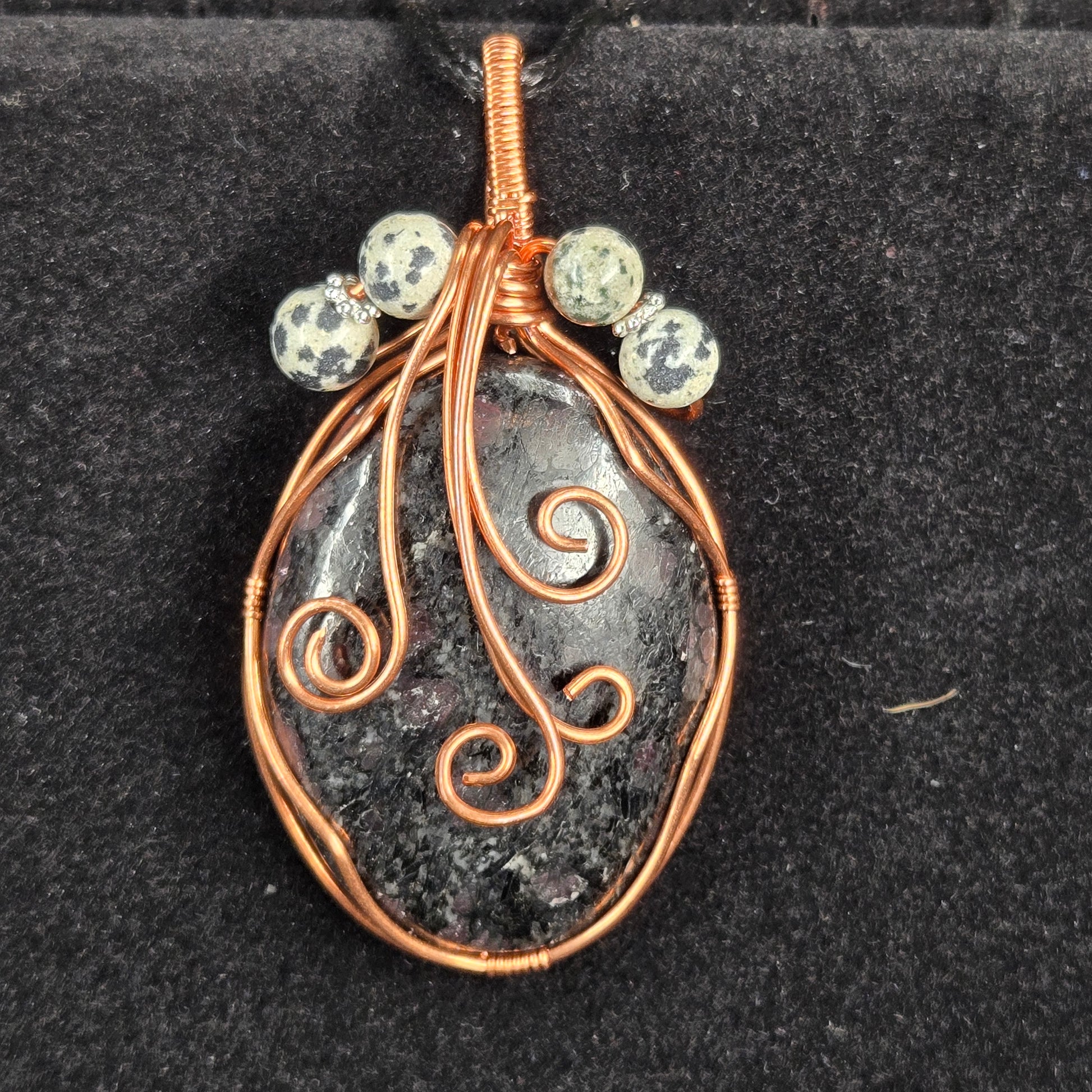 Garnet in Schist Pendant with Copper Spiral Design and Dalmatian Jasper Beads