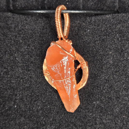 Raw Orange Calcite Pendant with Copper Wire Wrap