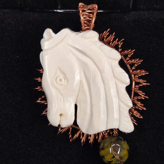 Hand Carved Horse Pendant with Copper Wire Sunburst