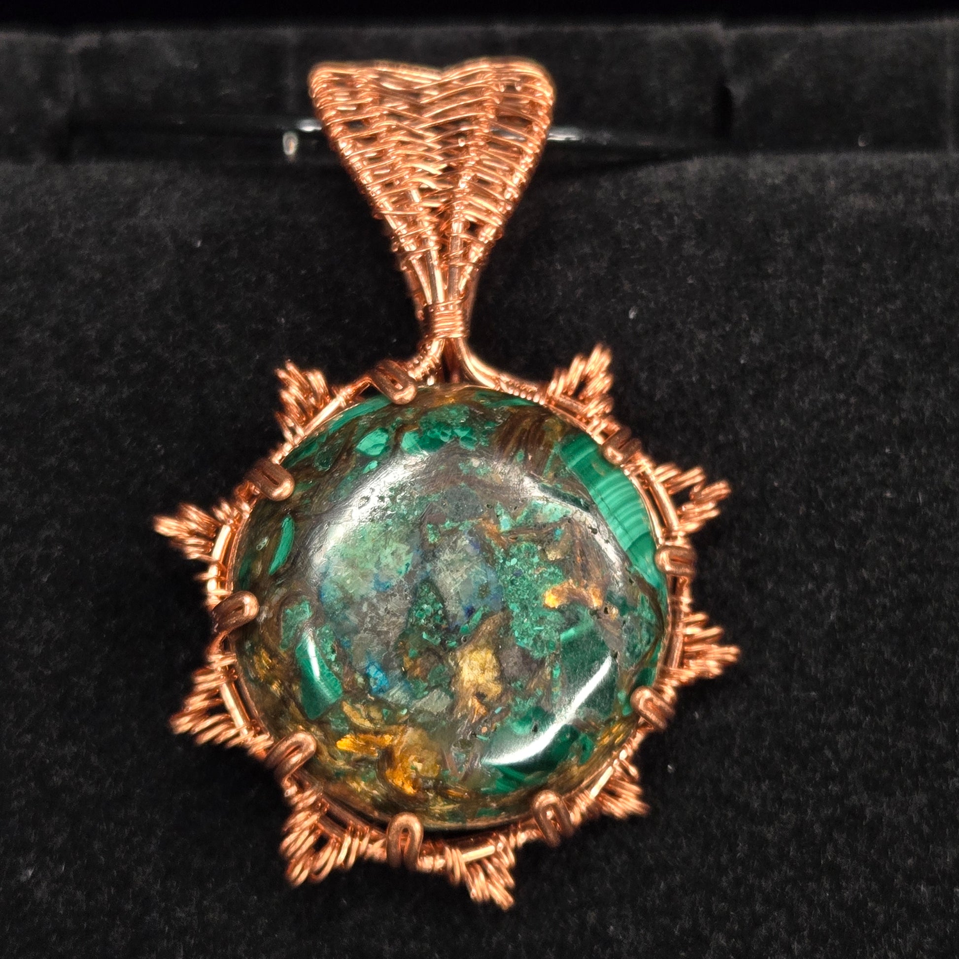 Chrysocolla Pendant with Copper Wire Sunburst Design